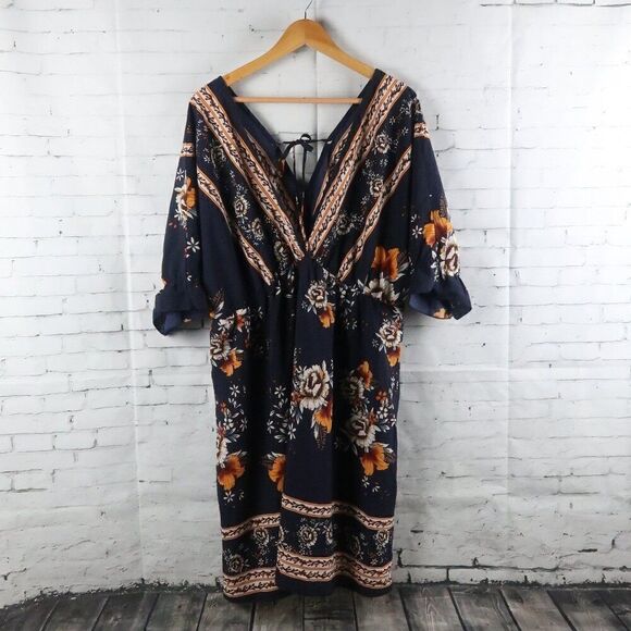 SHEIN CURVE BLUE FLORAL V NECK SHORT SLEEVE VACATIONMIDI DRESS SIZE 3XL NWT - Picture 1 of 10